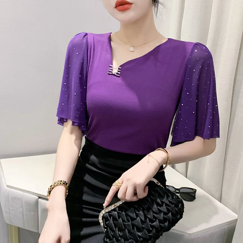 #5579 Black Yellow Purple Mesh T Shirt Women V-neck Irregular T-shirt Half Sleeve Diamonds Sexy Office Short Tshirt Thin Elastic