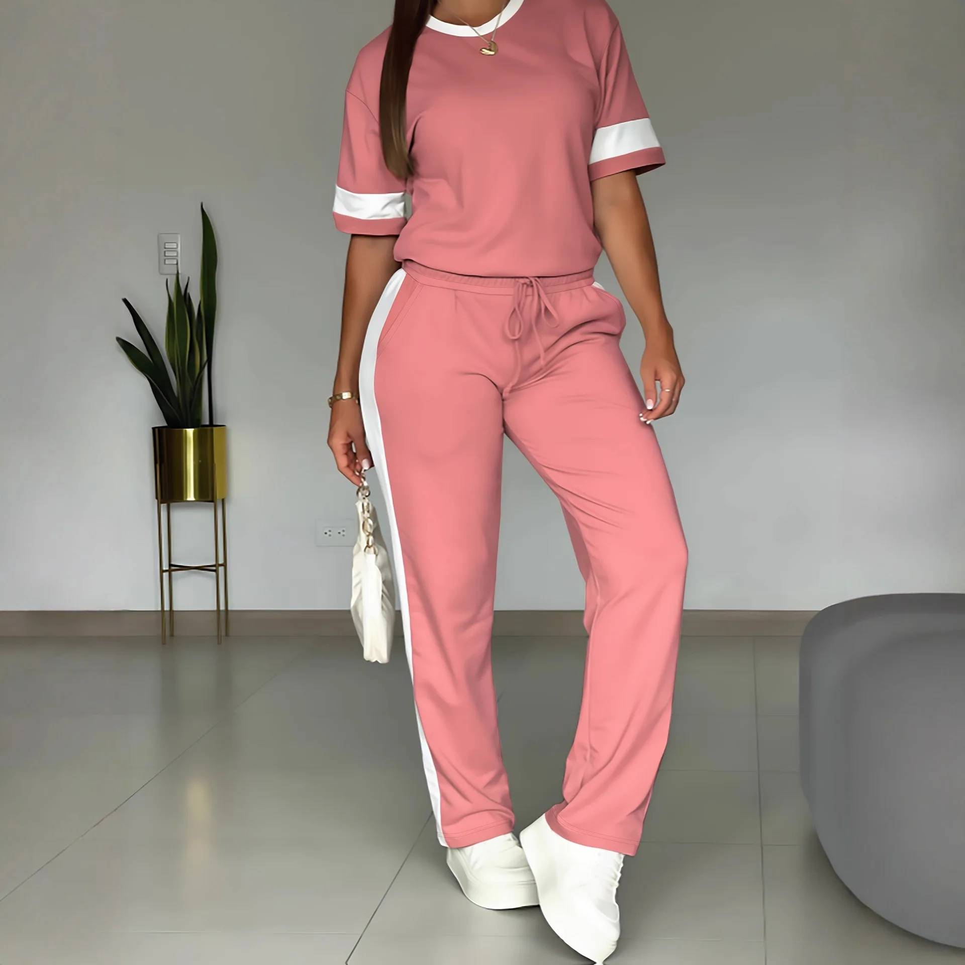 Casual Pant Sets Women Striped Two Piece Set Splice Round Neck Top Short Sleeve Long Pants Drawstring Pockets Sporty Summer 2026