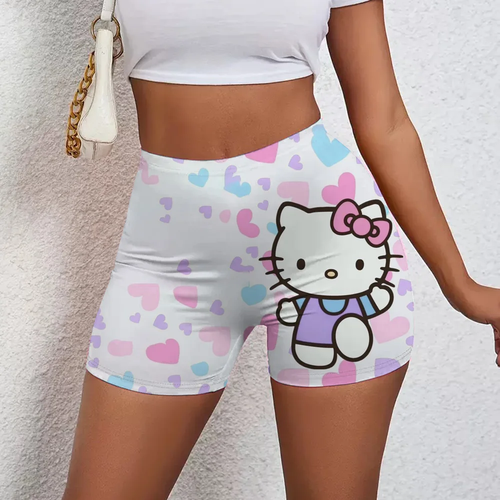 Kawaii Hello Kitty Damen-Shorts, hohe Taille, Yoga-Shorts, Laufen, Fitness-Hose, niedliche doppelseitige Drucke, Sport, Dreipunkt-Kt-Shorts