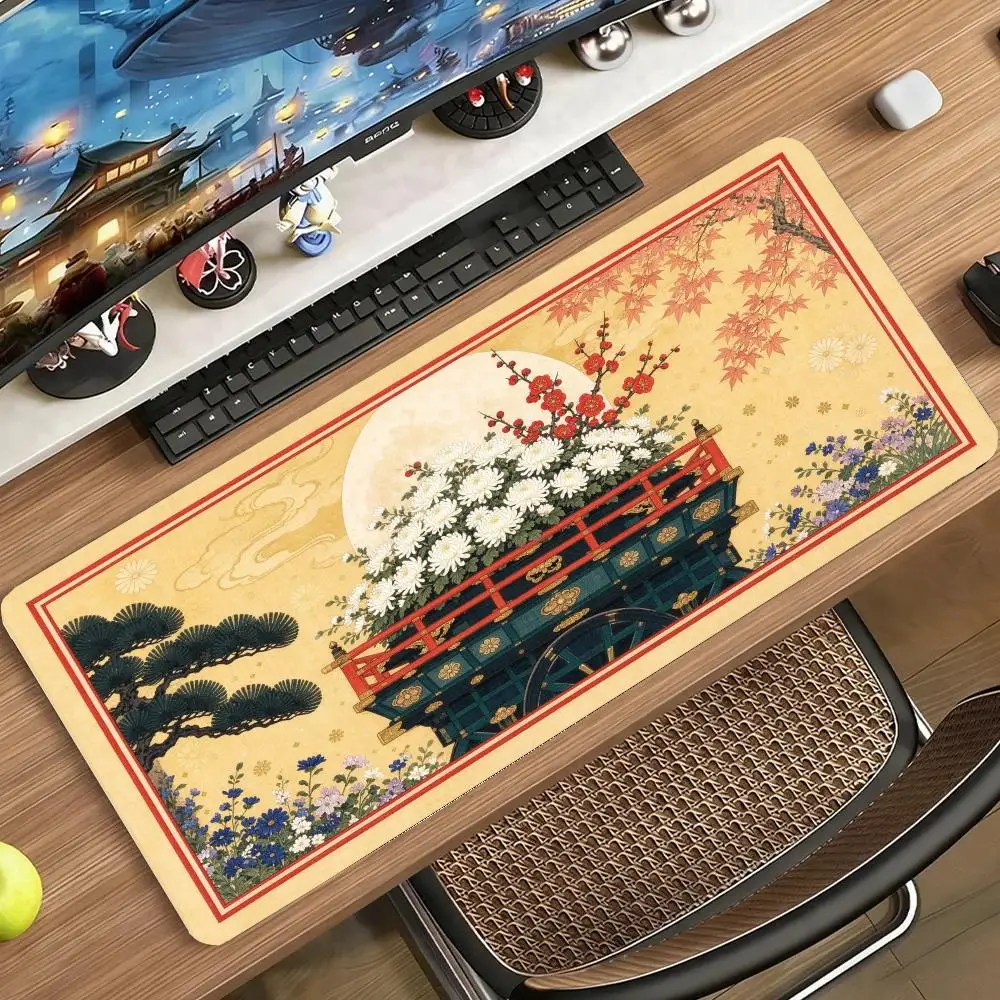 Non Slip Rubber Base Japanese Red Plum Pine Fan Mouse Pad Large Size Smooth Cloth Surface Desk Mat For Home Office Decor