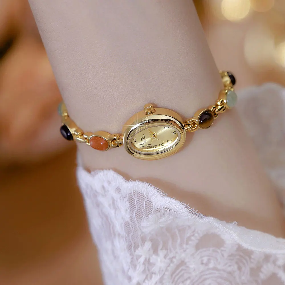 New Luxury Gold Women Watches Natural Color Jade Bracelet Quartz Women's Wristwatch Oval Small Dial Fashion Dress Watch Gifts