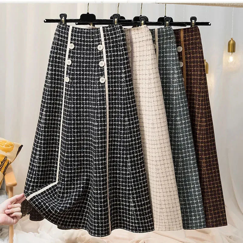 Hdspq Plaid Knitted Skirt with Buttons 2023 Autumn Winter Korean Fashion High Waist Skirt Women's A-Line Long Skirt