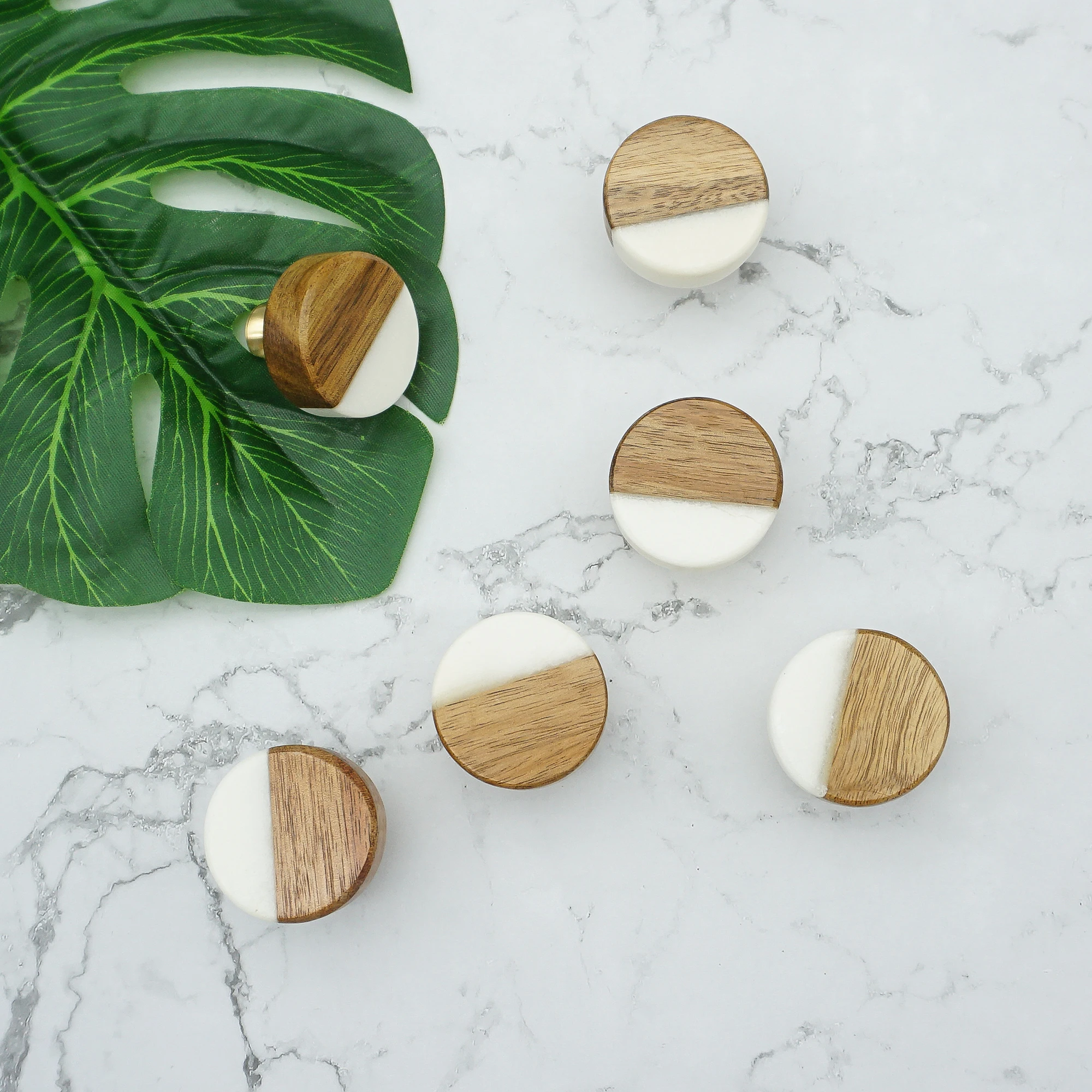 Natural Stone + Wood Cabinet Handles Single Hole Drawer Dresser Round Knobs Modern Wardrobe Pulls Furniture Accessories Hardware