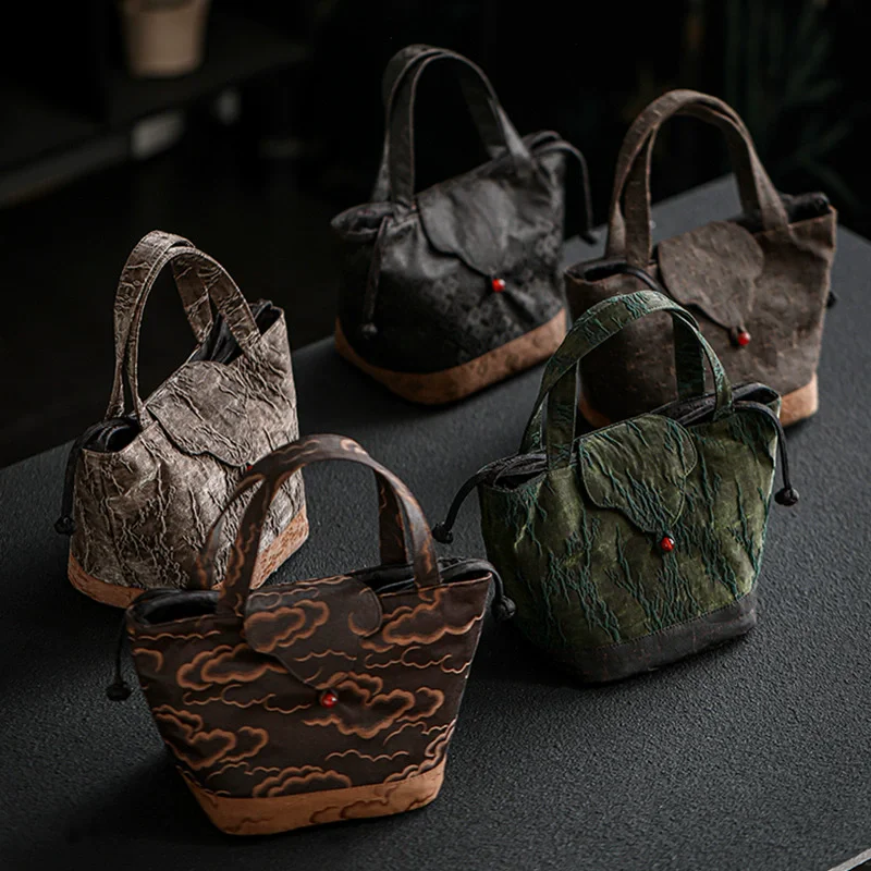The Walking Tea Ceremony:Bucket Bag - Luxurious Gambiered Gauze Tote Doubles as Tea Set Case, Ultimate Fusion of Heritage Craft