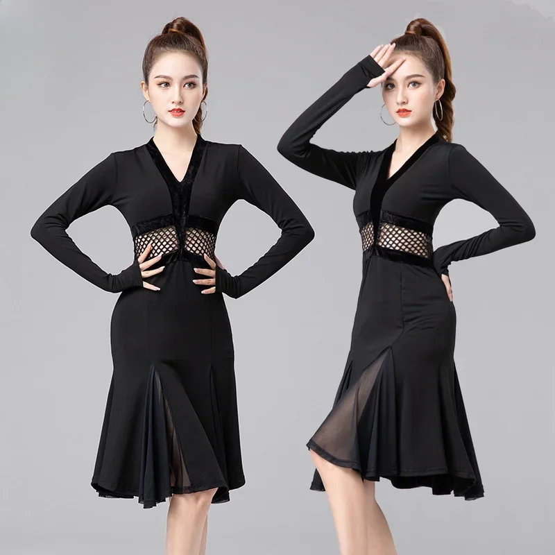 Robe de soirée à manches longues pour femmes, costume de performance de danse latine, maille noire sexy, col en V, pratique de la danse pour adultes