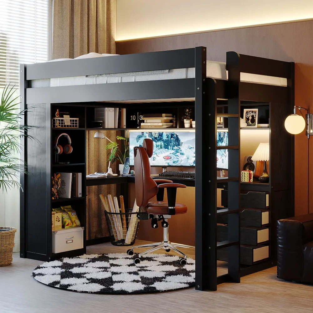 White Double Solid Wood Loft Bed with L-shaped Desk and 4 Drawers. The Ash Wood Veneer Loft Bed Features A Smart App-controlled LED Light Strip, USB Charging Port, and 4-tier Open Shelving. Durable and Sturdy.