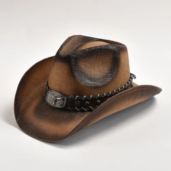 New Straw Western Cowboy Hat for Men Spring Summer Panama Sun Hats Retro Elegant Cowgirl Jazz Cap Sombrero Hombre