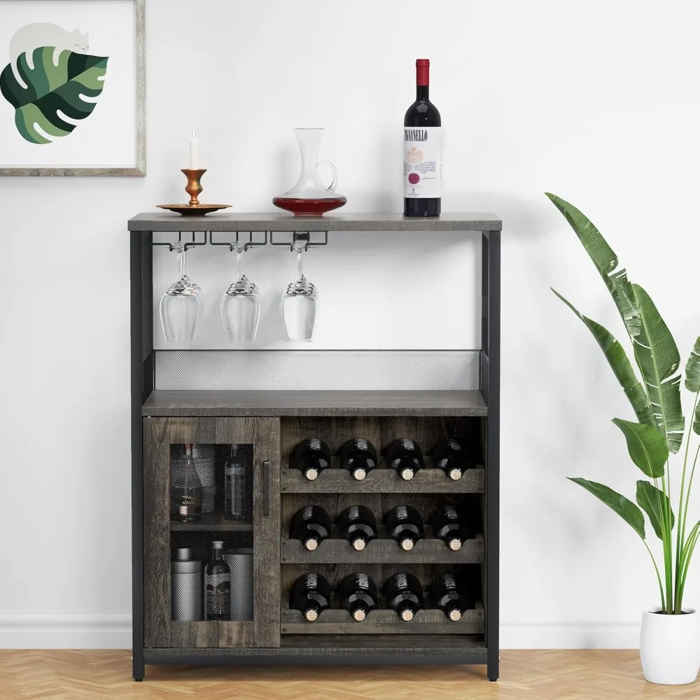 

3-Tier Wine Bar Cabinet with Detachable Wine Rack and Storage Space, Buffet Cabinet with Glass Holder and Mesh Door, for Kitche