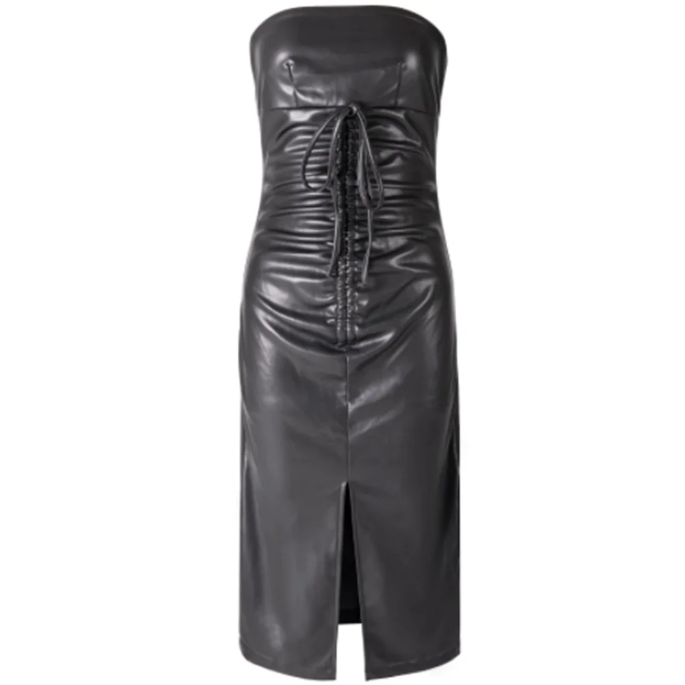 New style women's dress PU leather slim buttocks wiped sexy tight forked black strapless dress woman