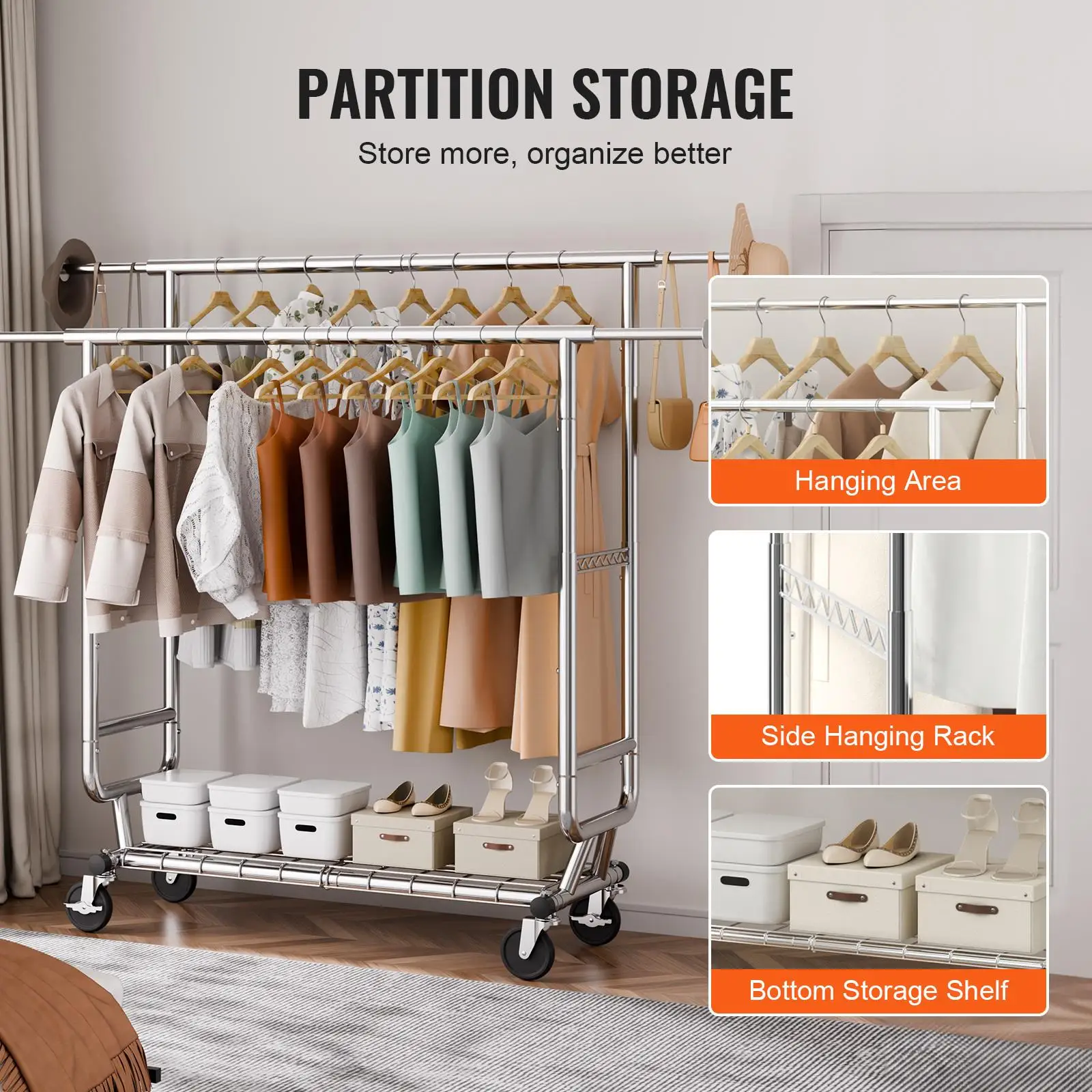 Heavy Duty Clothes Rack Double for hanging Rod Garment Rack Adjustable Height Extendable Length Clothing Rack with Bottom Storage Area 600 lbs Load Capacity