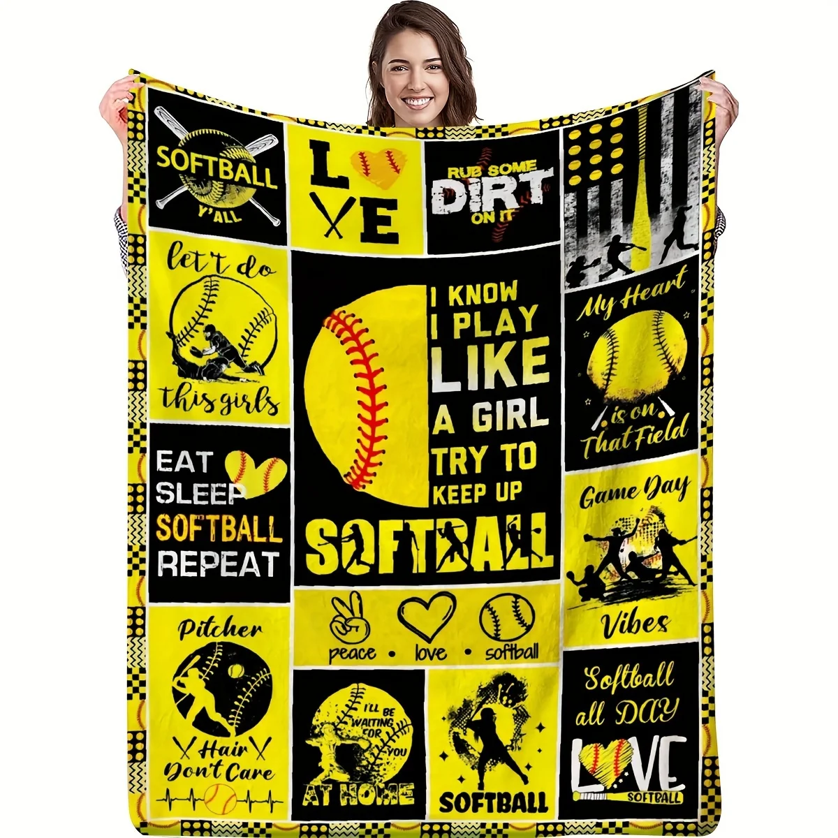 Softball Fleece Blanket, I Play Like A Girl Try To Keep Up, Eat Sleep Softball Repeat, Peace Love Softball Bedding Throw Gift
