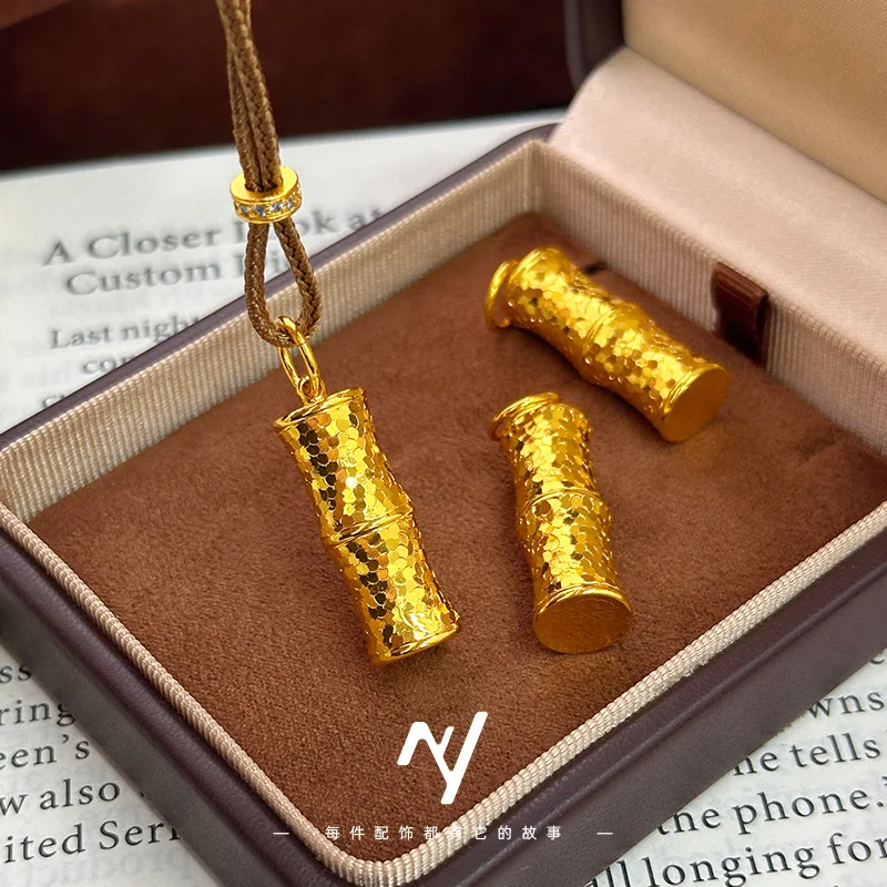 

Изысканный дизайн, 24-каратное золото 9999 пробы, кулон из бамбука с эффектом драконьей чешуи и граненой поверхности, для женщин, длинная цепочка для свитера