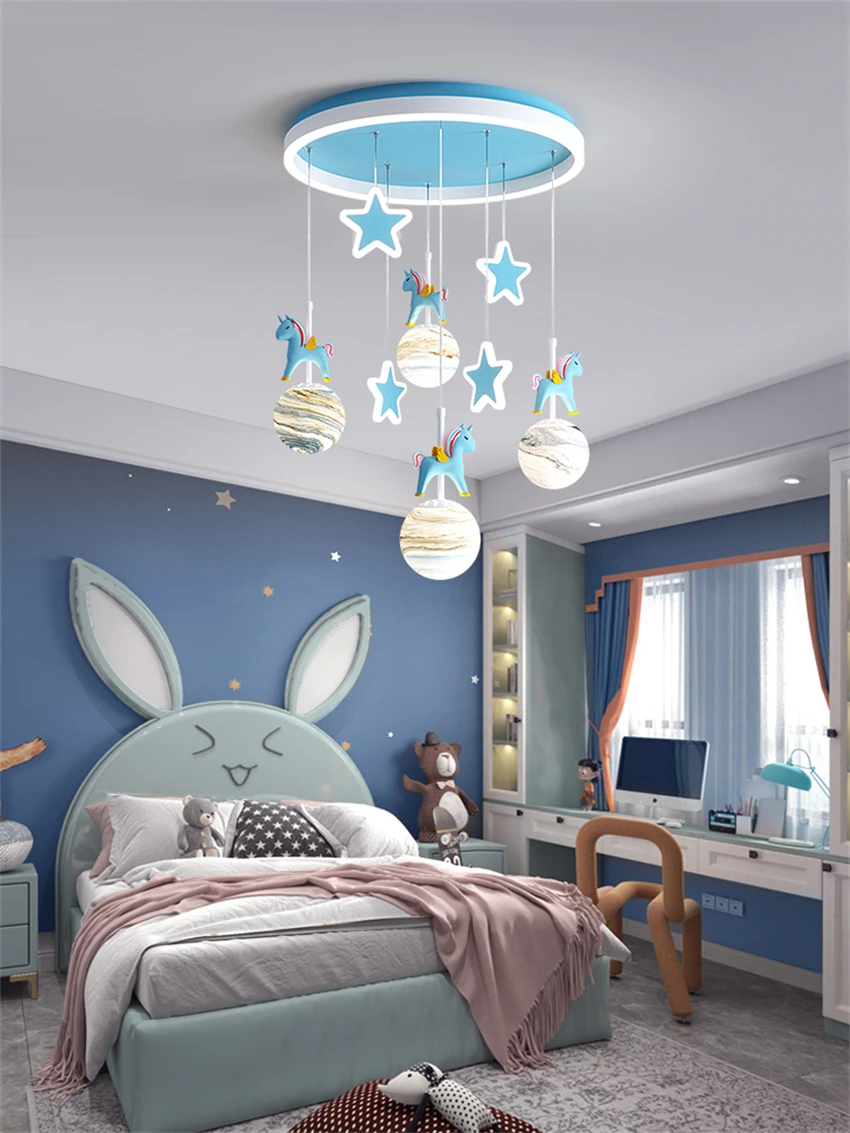 Nordic children's room pendant lights cartoon carousel planet bedroom living room study LED decorative hanging lamps lighting