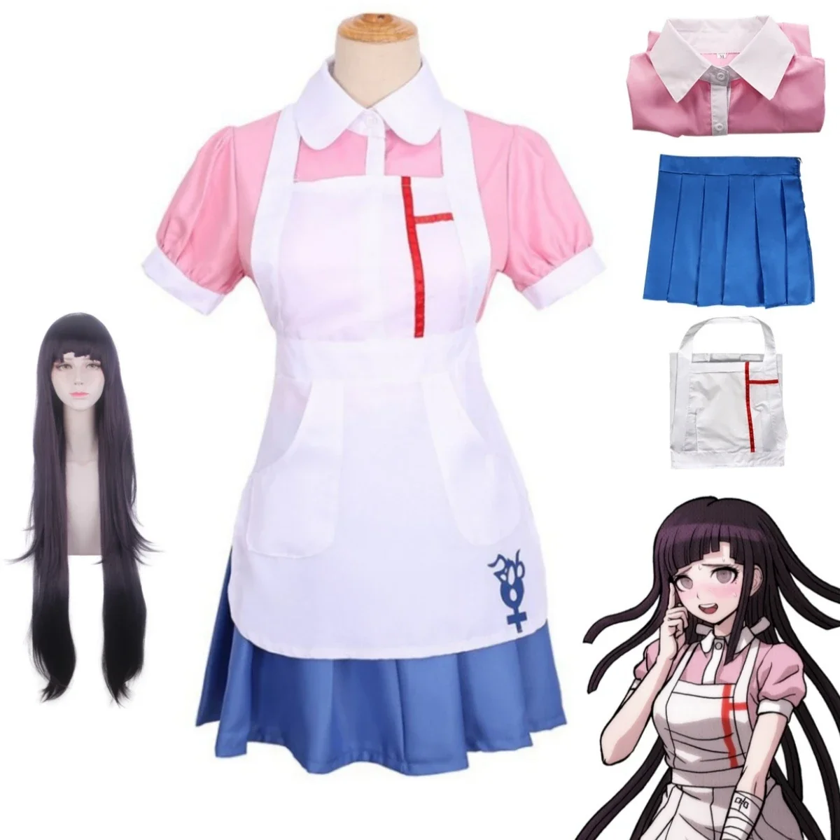 Japanese Anime Danganronpa Cosplay Costume Mikan Tsumiki IdentityV Doctor Linkage Full Set of Maid Outfit Wig Accessories Games