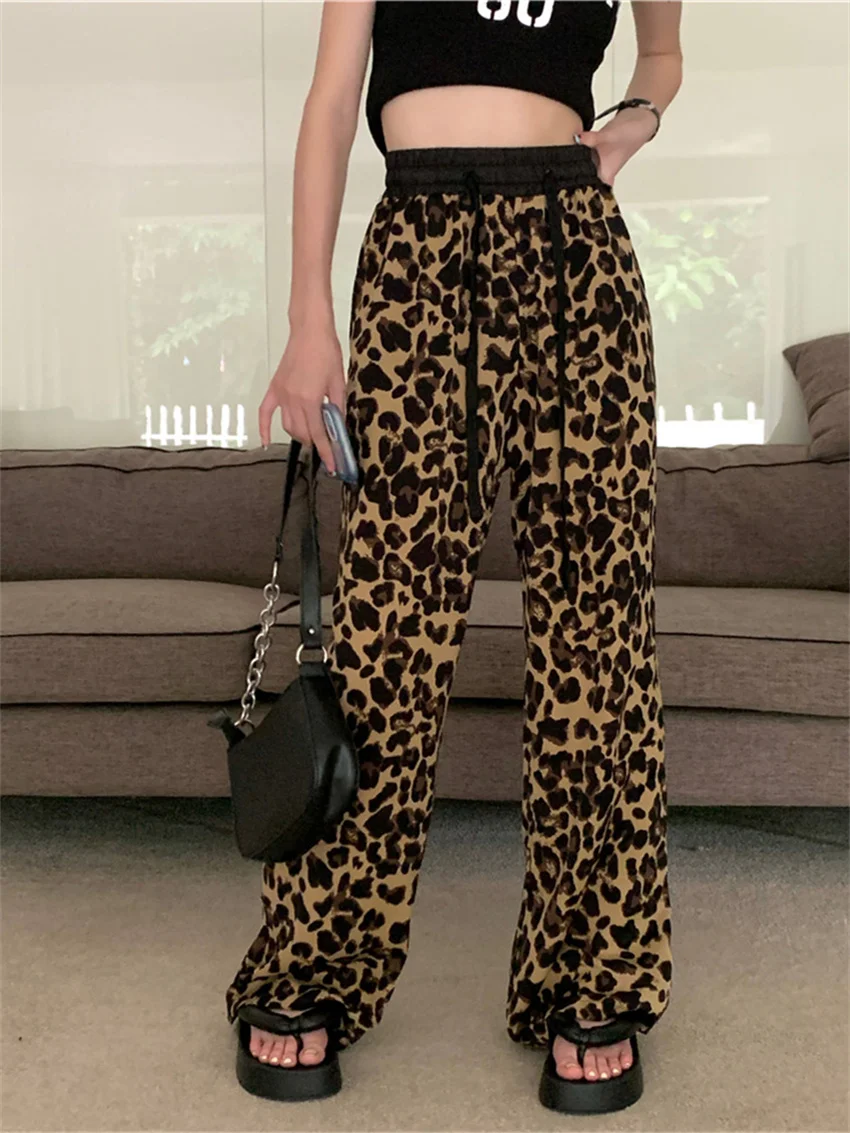 Imagem -06 - Plamtee Verão Leopardo Calças Femininas em Linha Reta Casual Impresso Animal 2023 Fino Chique Solto Todo o Jogo do Vintage Calças de Moda Diária