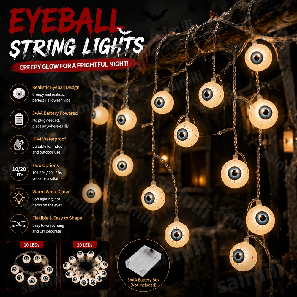 Halloween Horror Blood Vein Eyeball LED String Lights Battery Powered Waterproof For Haunted House Spooky Atmosphere Decor Lamp