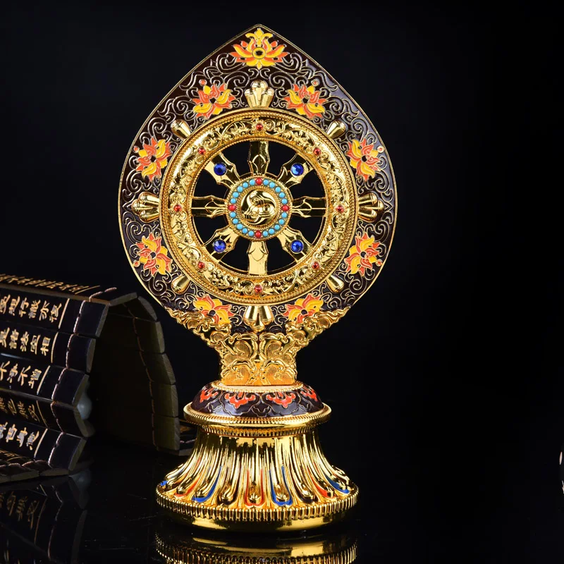 26CM DE SALTO # Budista # Estatua de instrumentos de práctica de Cakra de oración dorada del templo budista de protección eficaz para el hogar familiar