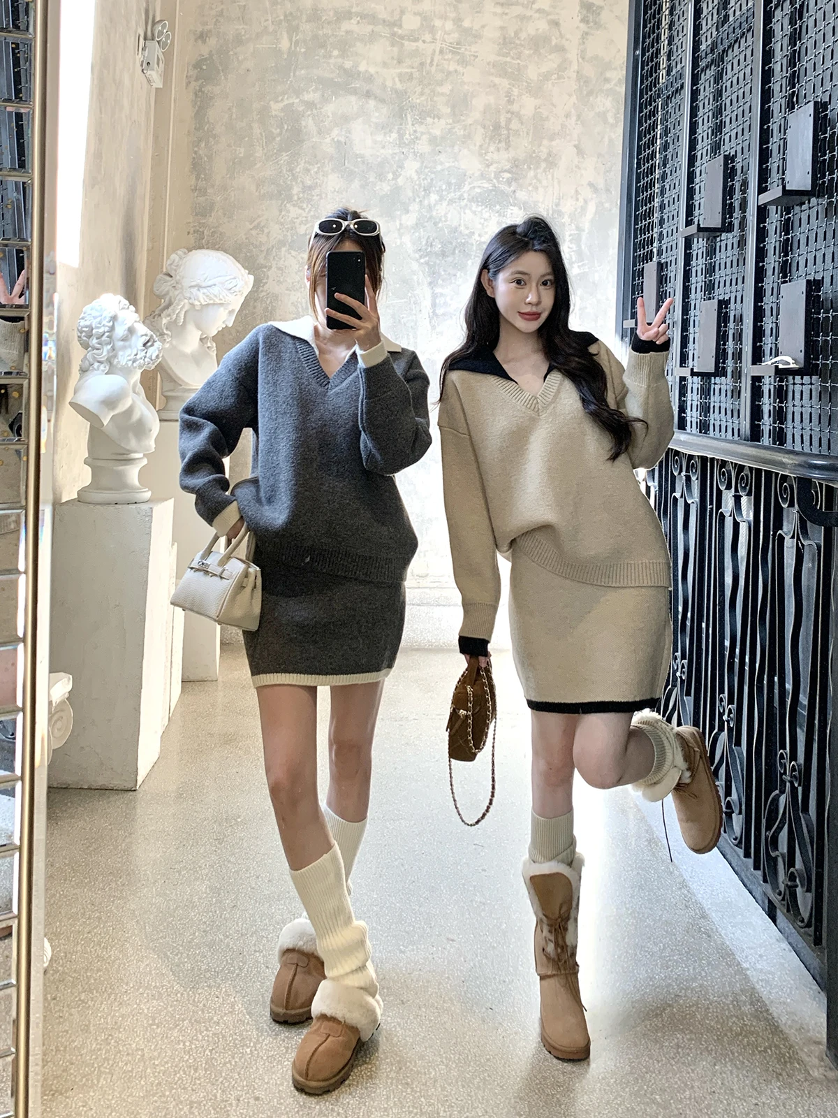 

Loose Fit V-Ne Knitted Sweater And Skirt Two-Piece Set Winter Warm Thermal Women's Faion Casual Comfortable Sle