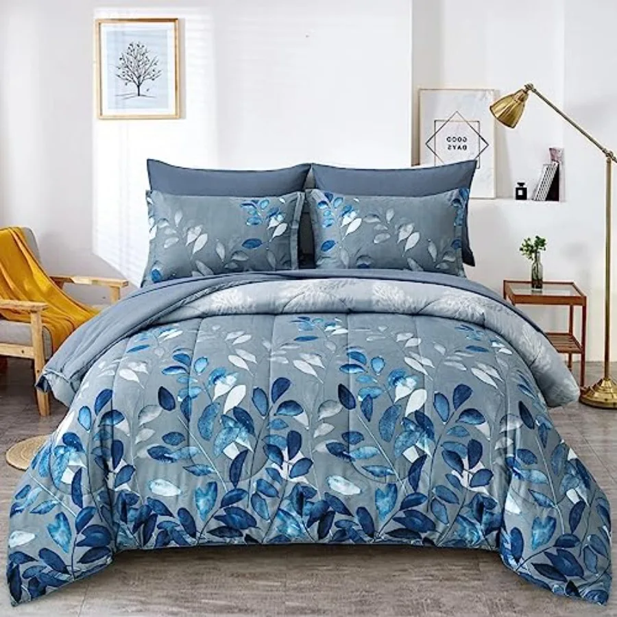

Comforter Set Size 7 Pcs Navy Botanical Gradient Leaves Ultra Soft Microfiber Down Alternative Bedding Set Lightweight Reversib