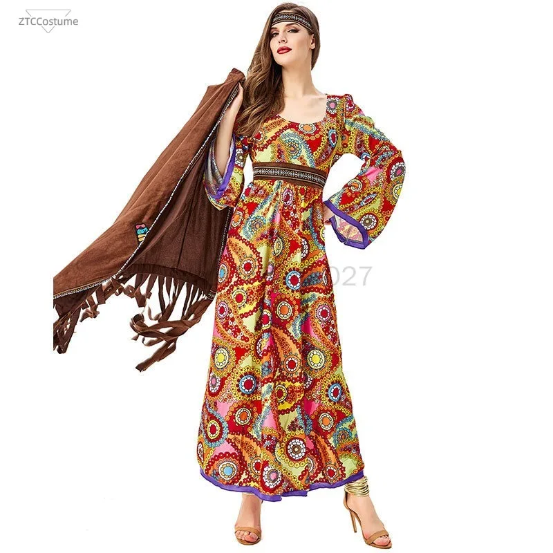 

Women's 70s Hippie Disco Cosplay Costume Long Sleeve Printed Dress Vest Purim Party Role Play Suit Halloween