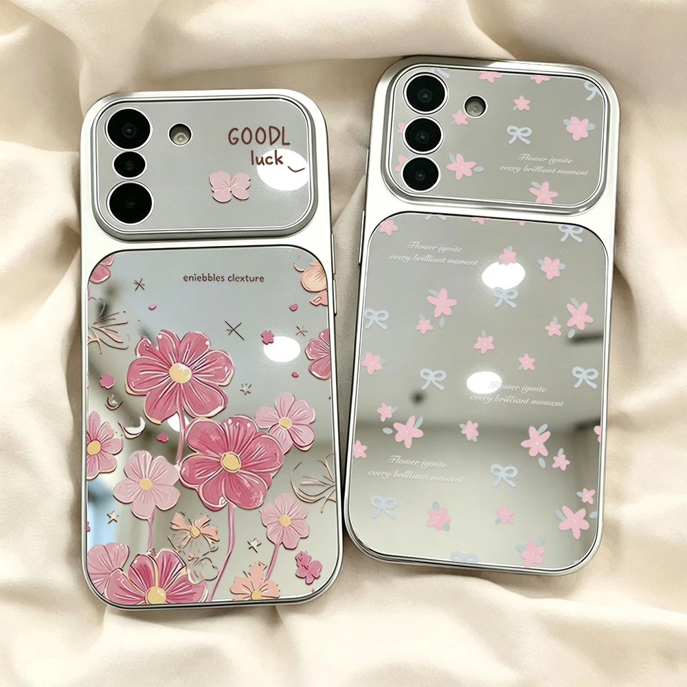 Pink Flower Phone Case For Samsung A56 A57 5g A16 A37 S26 S23 S24 S25 Ultra FE A07 A17 A55 A54 A26 A36 A53 Mirror Lanyard Cover