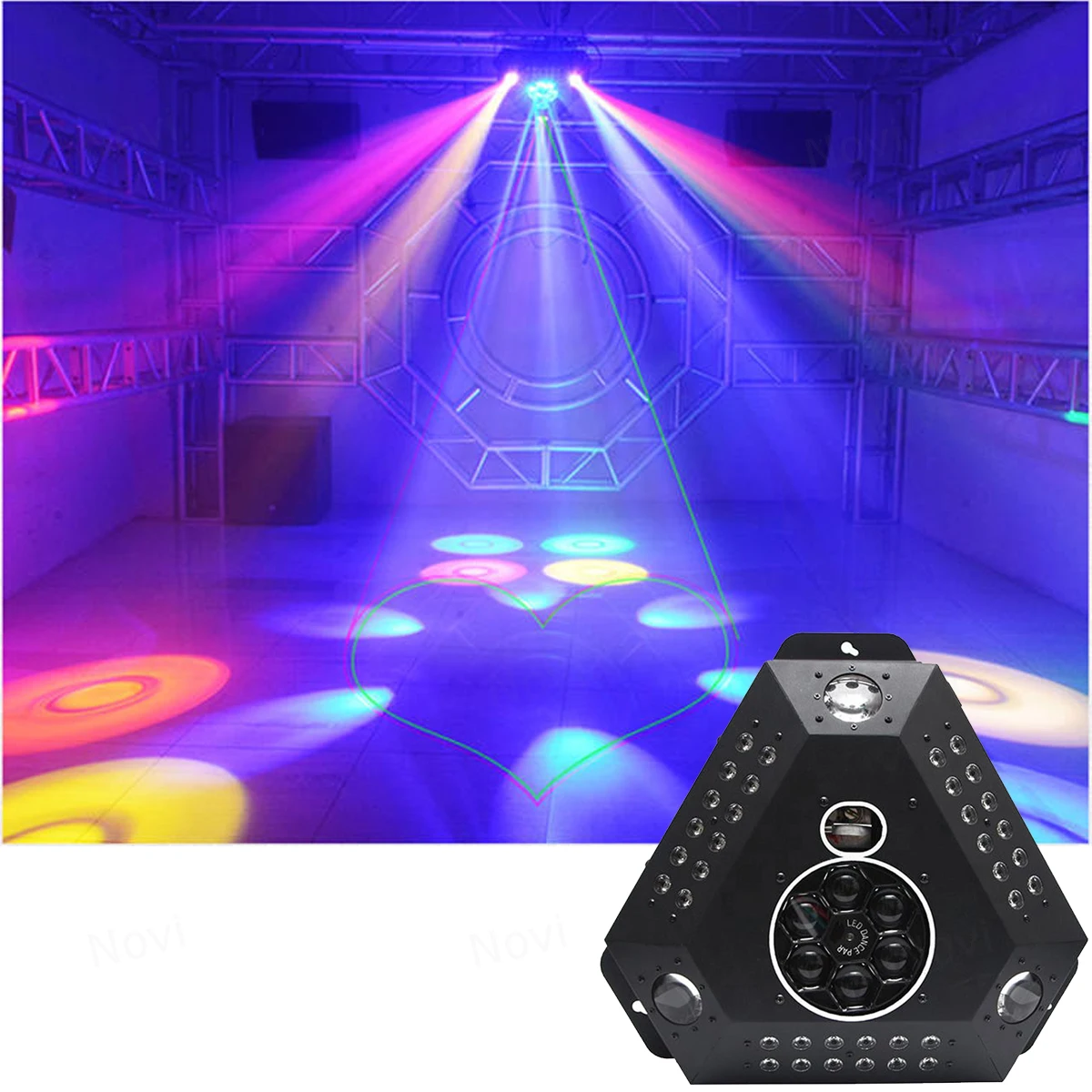 7 Functions Multi-effect LED DMX512 Light with Bubble Beam RG Laser UV Strobe Bee Pattern and Voice Control for Disco Party DJ