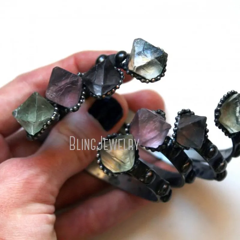 Octahedron Stone Rainbow Fluorite Bangle Bracelet Women Boho Halloween Gothic Cyber Goth Y2k Emo Jewelry Vampire Accessories