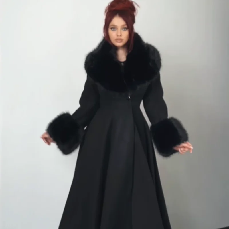 Women Elegant Maxi Wool Blend Coat Faux Fur Big Collar Cuffs Waist Cinched Flared Hem Long Sleeve A Line Daily Casual Outerwear