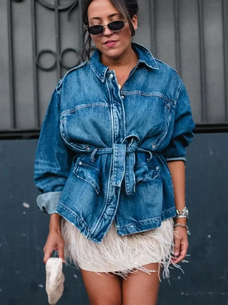 HH Conjuntos de calças jeans femininas outono gola virada para baixo mangas compridas casacos com cinto + calças soltas de cintura alta com zíper e bolsos com bainha