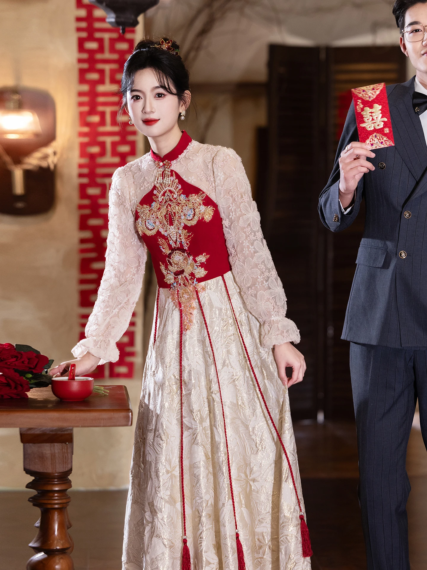 

Long Lace Qipao Wedding Dr New Chinese Sle Bridal Gown for Women Cus Made Ceremony Dr Ele Vintage Polyurethane...