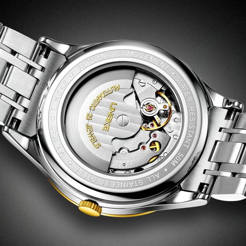 LINGKE montres pour hommes classiques en acier inoxydable mouvement automatique mécanique haut de gamme montre-bracelet calendrier montres Reloj Hombre