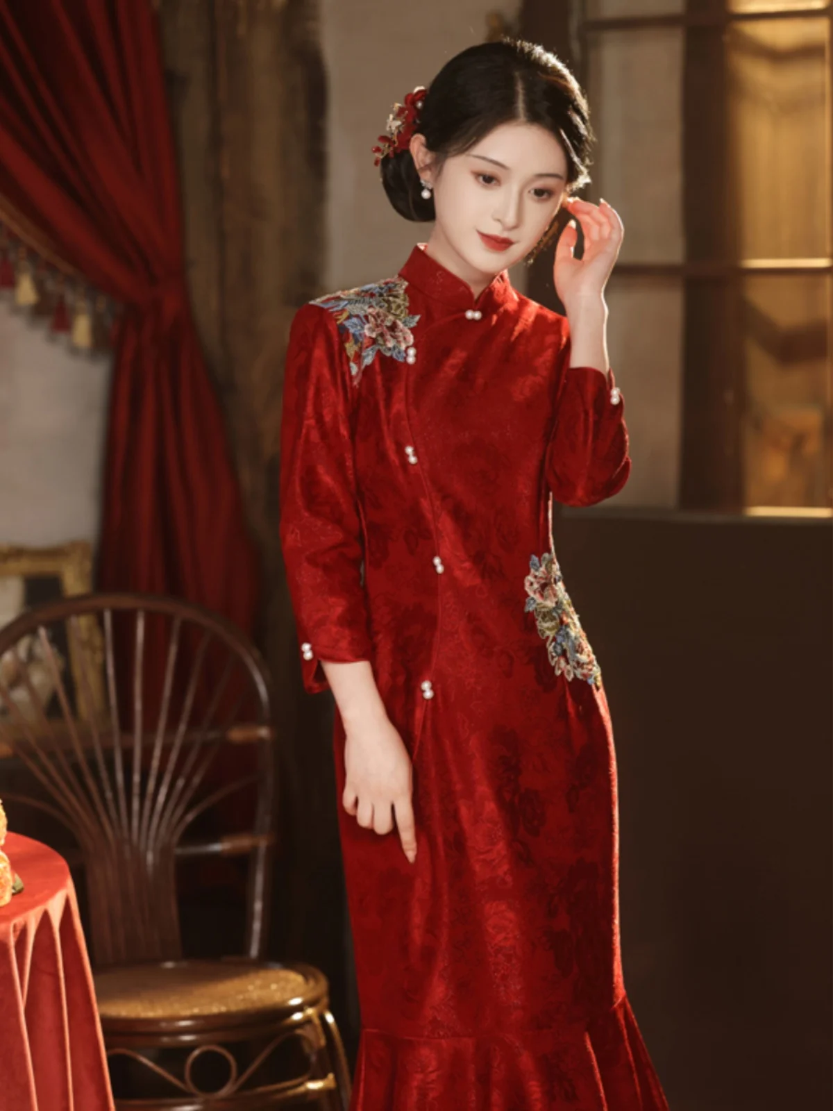 

Red Wedding Engagement Ceremony Dr Long Sve Chinese Sle Bride Gown Women's Fi Tail Suit Autumn Winter Fas...