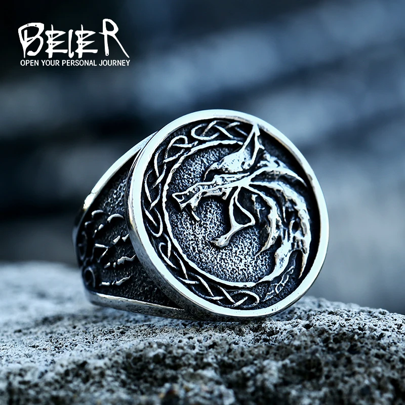 BEIER 2022 Trendy Viking Stainless Steel Wolf Head Ring For Men Odin Norse Viking Celtic Animal Jewelry Wholesale Gift