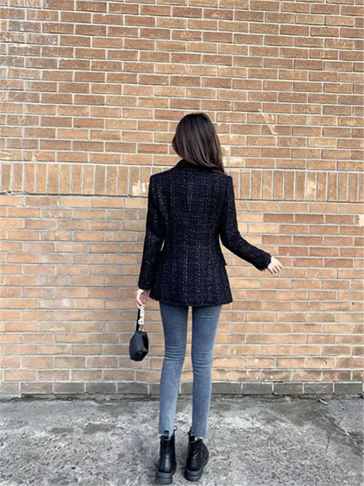 Autumn Women Fashion Tweed Double Breasted Black Blazer Coat Vintage Long Sleeve Flap Pockets Female Outerwear Chic Suit Femme