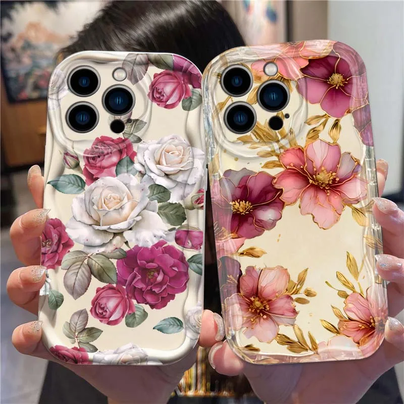 

Popular luxury flower Art For Apple iPhone 16 16E 15 14 13 12 11 XR XS X Pro Max Plus Wave Oil Cover Soft Funda Phone Case