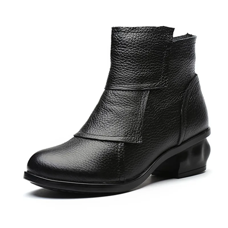 Retro Waterproof Ankle Boots for Women Genuine Leather Blue Square Heels Vintage Comfortable Luxury Heeled Shoes