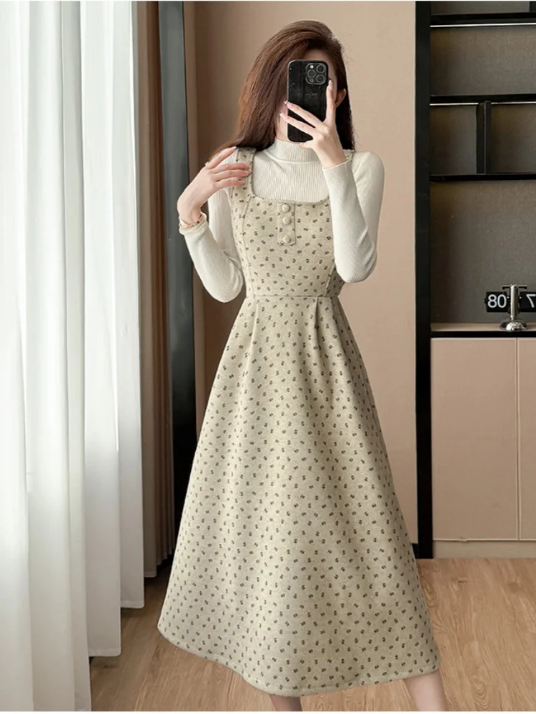 SMTHMA الفرنسية الرجعية الصوفية نقطة الحمالات فستان وتتسابق للنساء الخريف الشتاء طويلة الأكمام قاعدة محبوك سترة قطعتين مجموعة #2