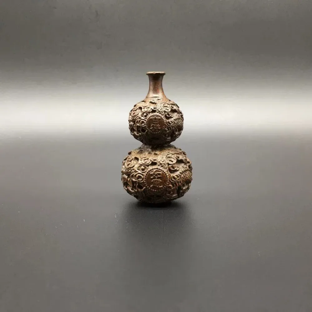 Solid Brass Auspicious Open Mouth Copper Gourd Double Dragon Relief Mini Feng Shui Home Decor Gift