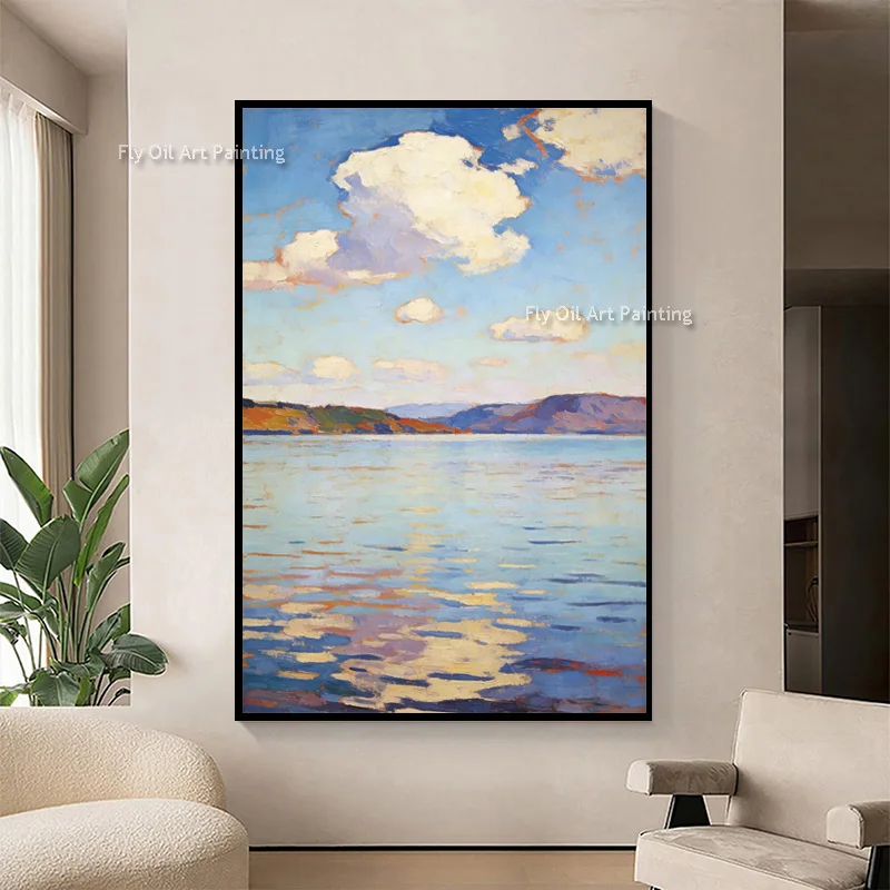 Light Green Land Pink Tree Landscape Blue White Sky Canvas Wall Art For Room Decor Modern Handmade Beige Yellow Oil Painting