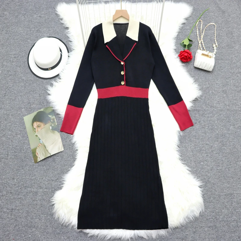 Korean Fashion Hit Color Notched Collar Knitting Dress Autumn Winter Single Breasted Long Sleeve  Elastic Pleated Midi Vestidos