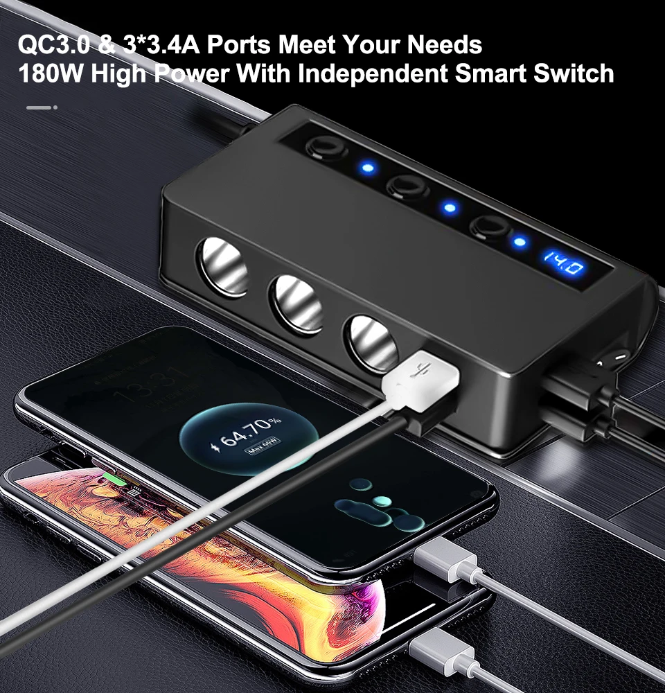 Randpow Type C Socket Splitter QC3.0 4 USB Port Car Charger Lighter USB Charger 180W Cigarette Lighter Adapte Auto Power Adapter