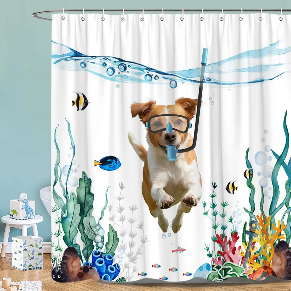 Funny Cat Riding on Turtle's Back Shower Curtain Underwater Coral Seaweed Polyester Cloth Bath Curtains Kids Room Bathroom Decor