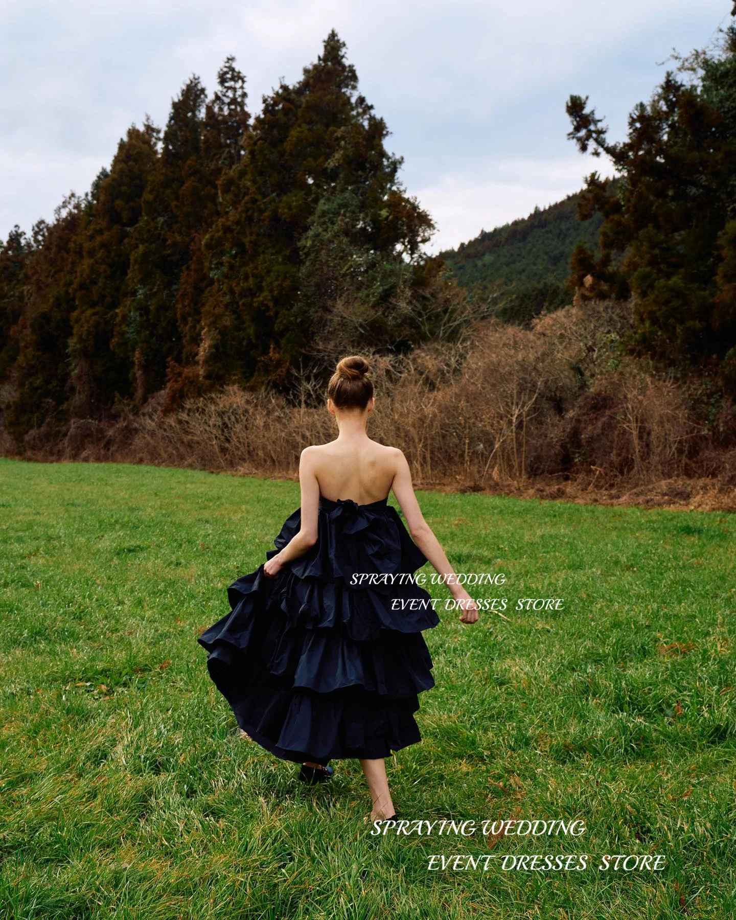 Pulverización vestido de novia largo de té negro, vestido de fiesta sin tirantes para Sesión de fotos, 2024