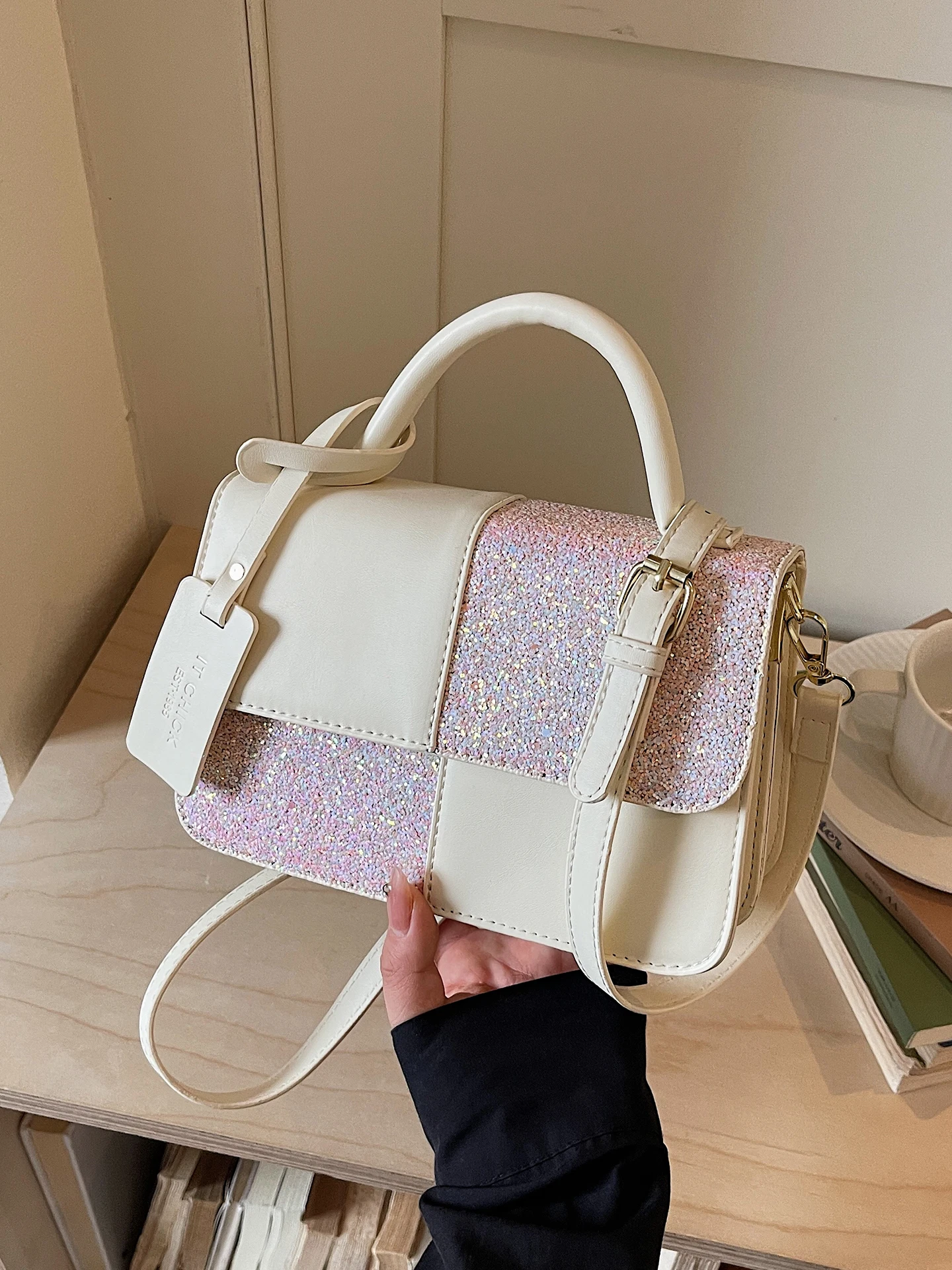 

Shiny Sequin Commuter Shoulder Bag Women's Outing Small Square Crossbody Bag Casual Simple Style Medium Hardness Polyester Li...