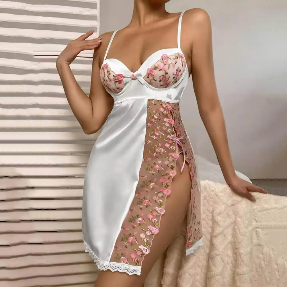 Transparent Mesh Nightwear Lace Nightgown Elegant Floral Embroidery V Neck Satin Nightdress with Mesh for Honeymoon for Women