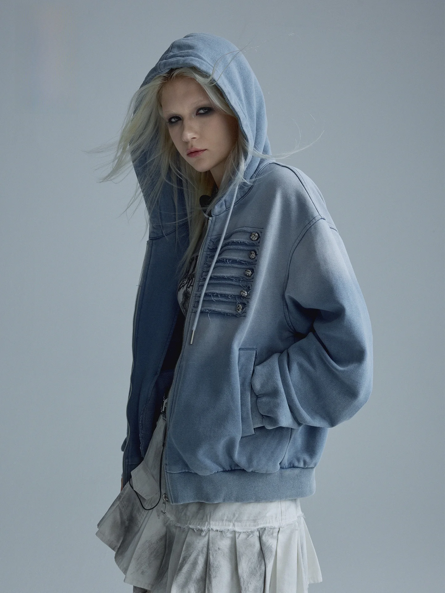 Deep Blue Fault Street Heavy Duty Washed Gradient Women's Sweatshirt Jacket Court Style Loose Fit Long Sleeve Zipper Closure