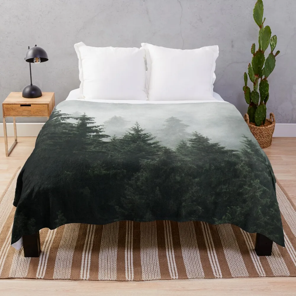 Waiting For // Misty Foggy Fairytale Forest With Cascadia Trees Covered In Magic Fog Throw Blanket Summer Plush Blankets