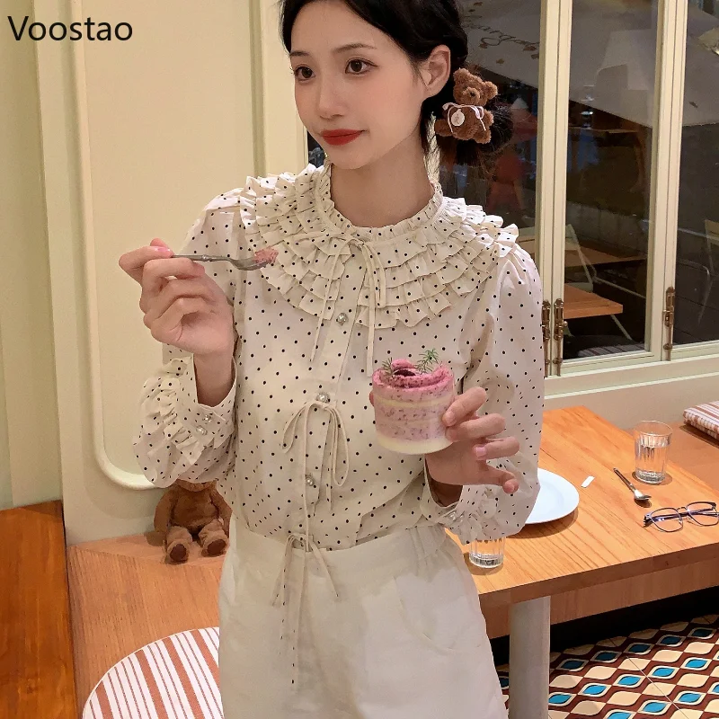 Victorian Elegant Sweet Blouses Women Sweet Lace Ruffles Collar Wave Point Print Long Sleeve Shirts Korean Fashion Vintage Tops