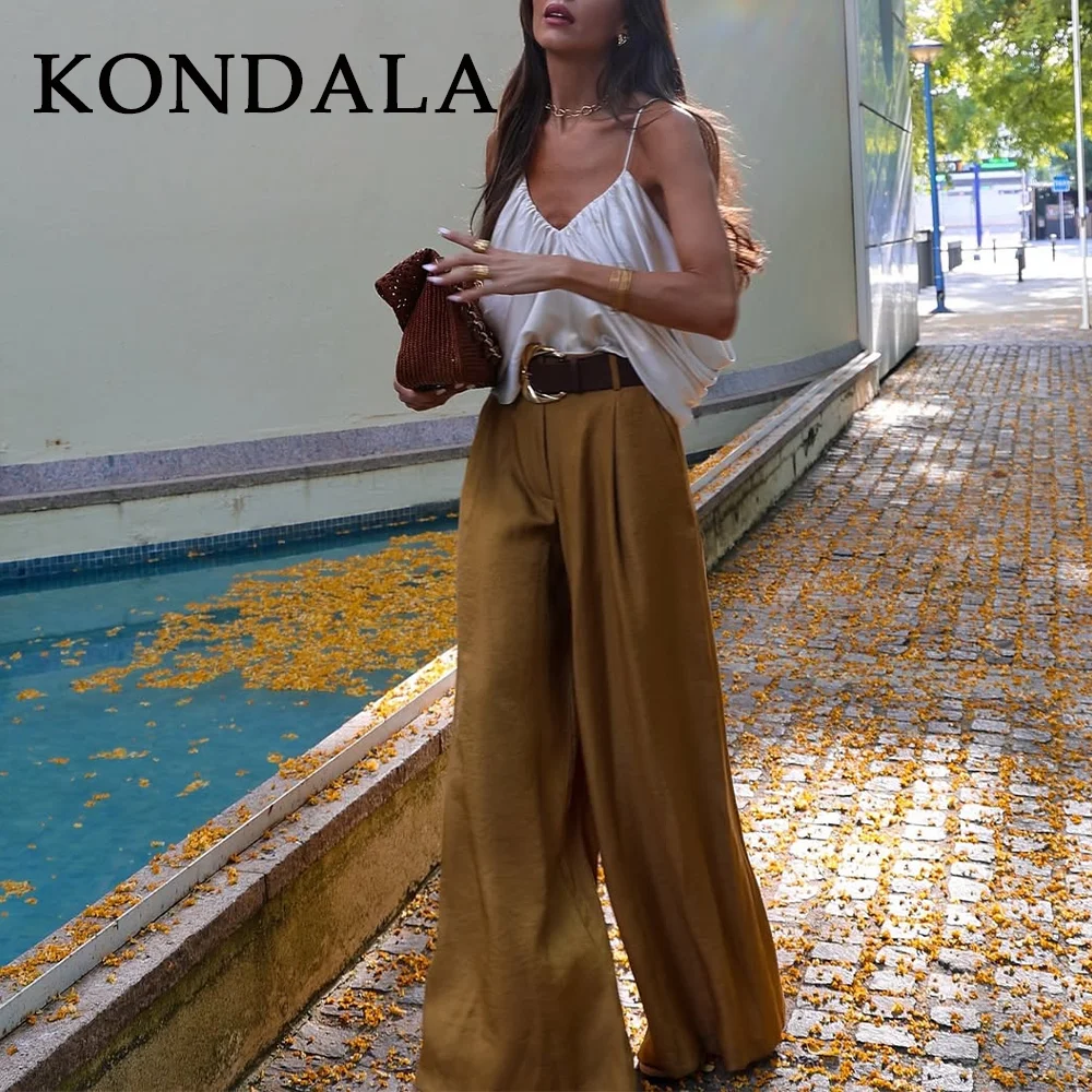 

KONDALA 2026 Весна-Лето: Модные женские брюки из атласа с поясом, однотонные, с высокой талией, широкие, длинные