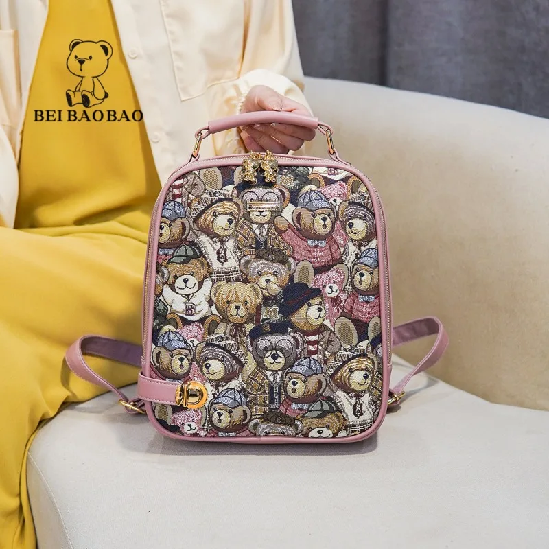 Beibaobao Fashion Backpack for Women 2024 Bear Pattern Design Leisure Canvas Bag Handheld One Shoulder Two Shoulder Computer Bag